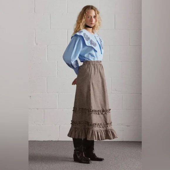 DAMSON MADDER Rina Ruffle Skirt in Chocolate Check UK 12 / US 8 - Picture 4 of 16
